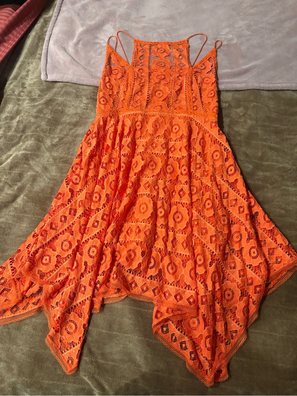 Free People Orange Lace Handkerchief-Hem Spaghetti Strap Dress